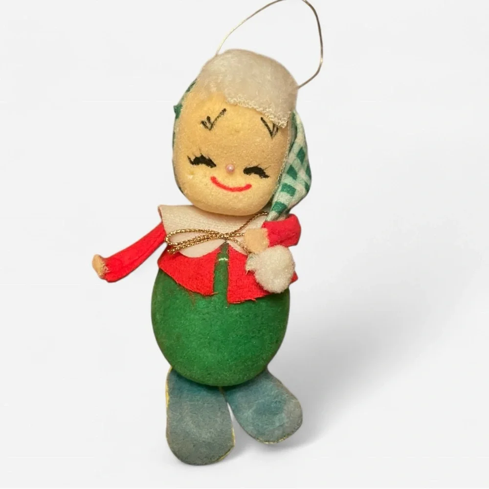 Vintage Christmas Flocked Felt Collectible Snowbaby Pixie Doll Ornament Xmas 60s